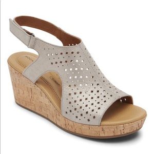 Rockport Taupe Metallic Perforated Lyla Hood Leather Wedge Sandal - Size 9.5